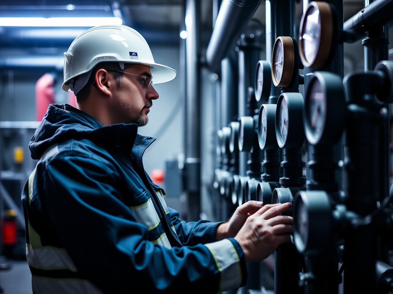 Engenheiro técnico da P Tech inspecionando manômetros de uma rede de gás industrial